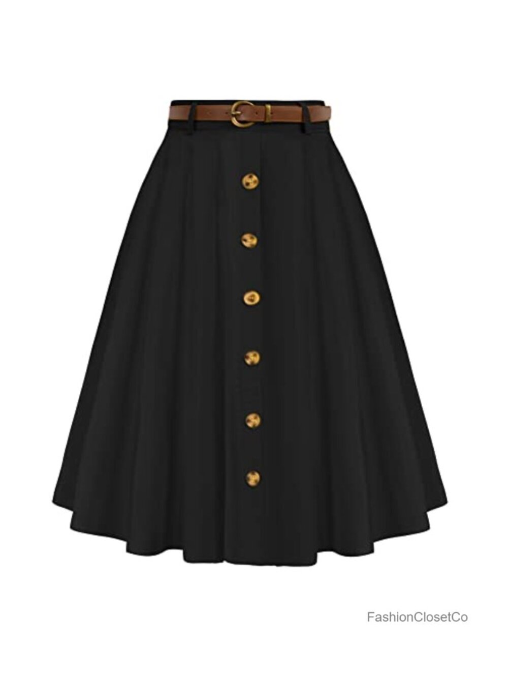 High Waist A-Line Midi Skirt with Pockets & Belt Retro Flared